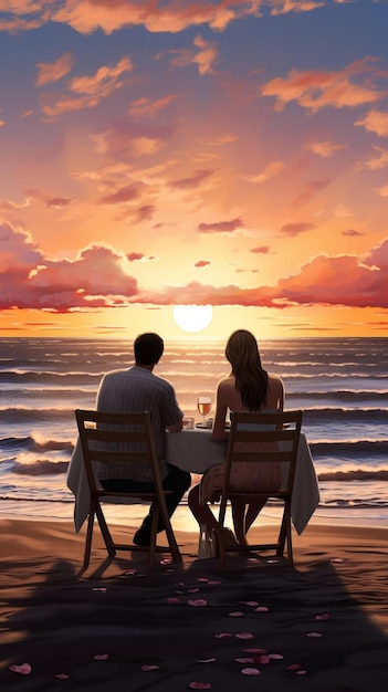 A couple sit on a beach watching the sunset.