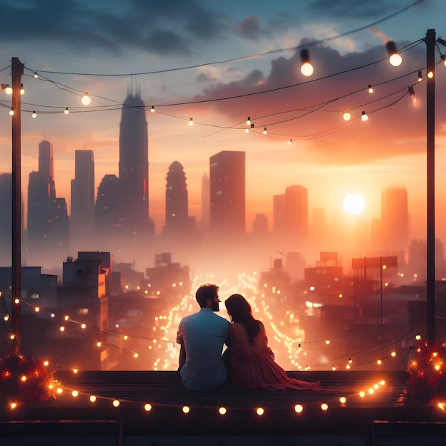 a couple sit on a bench and look at the city skyline