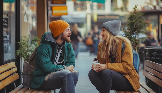 Photo a couple sit on a bench and look at a sign that says quot