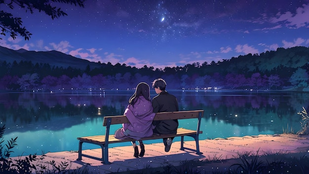 Photo a couple sit on a bench and look at the stars