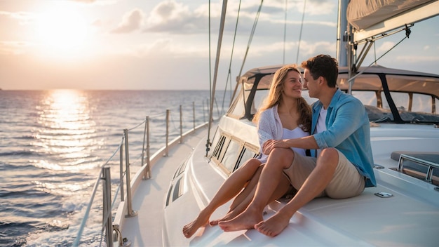 Photo a couple sit on a boat with the sun setting behind them