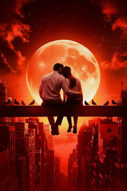 a couple sit on a bridge and look at the moon