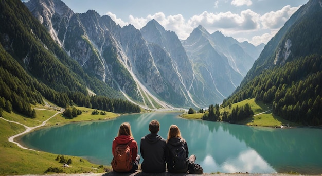 Photo a couple sit on a cliff overlooking a lake and mountains