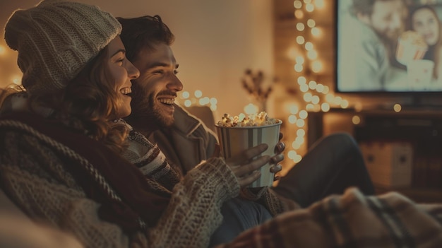 Photo a couple sit on a couch and watch a movie with a christmas lights behind them