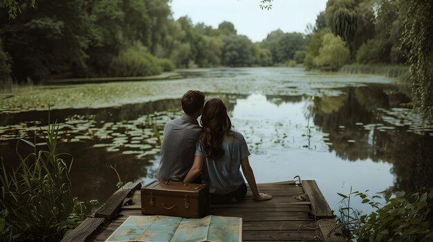 a couple sit on a dock with a box that says  the word  on it