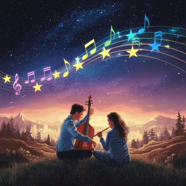 a couple sit in a field with music notes and a violin