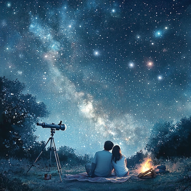 a couple sit in front of a campfire with a telescope