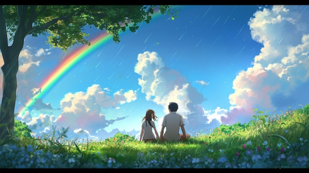 a couple sit in the grass under a rainbow