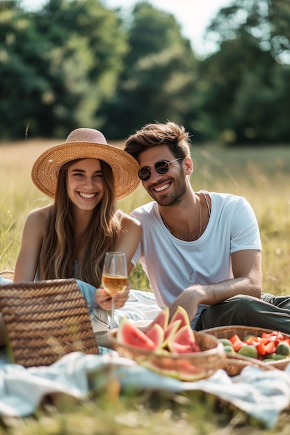 a couple sit in the grass with a glass of wine