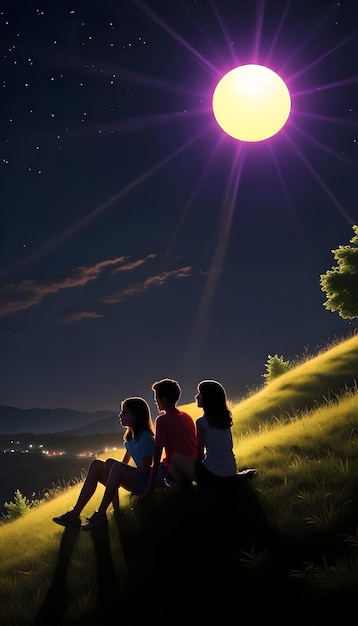 Photo a couple sit on a hill under a moonlit sky