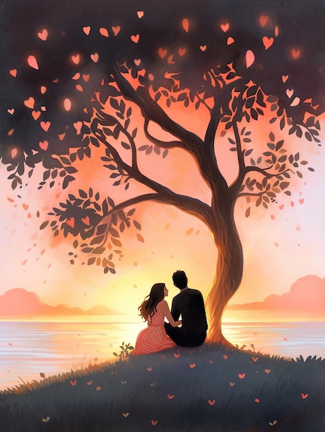 a couple sit on a hill with a tree in the background.