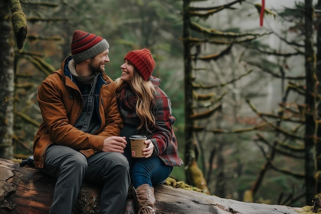 a couple sit on a log and look at each other