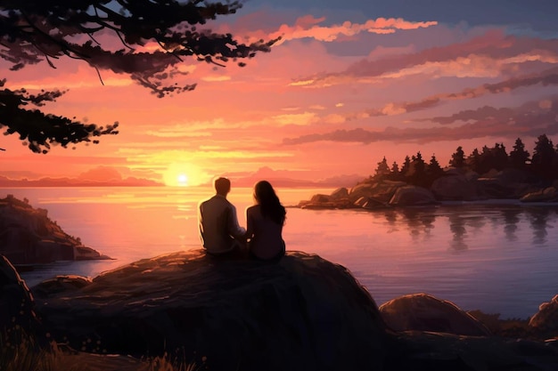 A couple sit on a rock and look at the sunset.