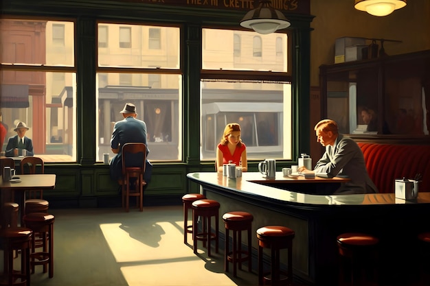 A couple sit at a table in a diner with a sign that says'the olde school'on it