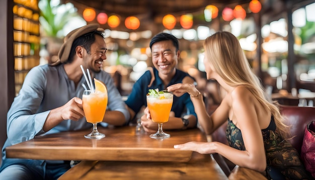 a couple sit at a table with drinks and one of them has a straw in her hand