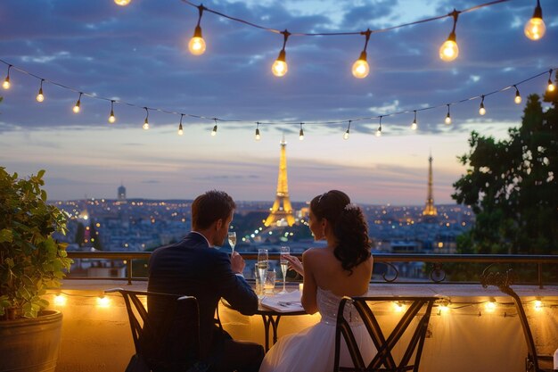 Photo a couple sit at a table with the eiffel tower in the background