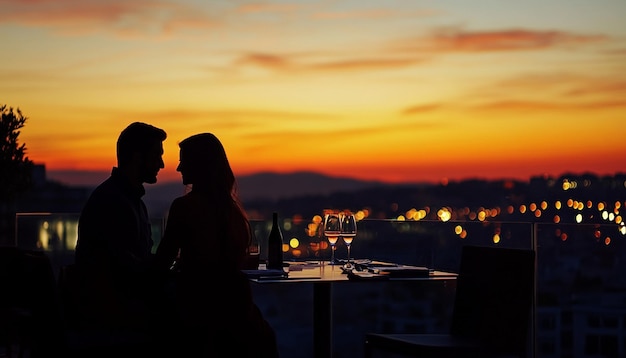 Photo a couple sit at a table with a sunset in the background