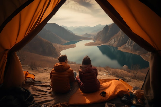 A couple sit in a tent looking at a lake and mountains