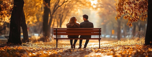 A couple sits on a bench in an autumnal park surrounded by golden leaves as the sun shines behind them