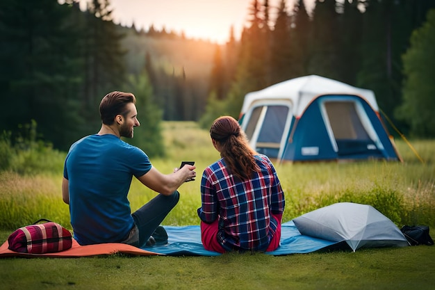 A couple sits on a blanket in front of a tent with a view of the mountains in the background.