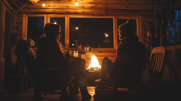 Photo a couple sits by a fire in a cabin enjoying a cozy and romantic evening