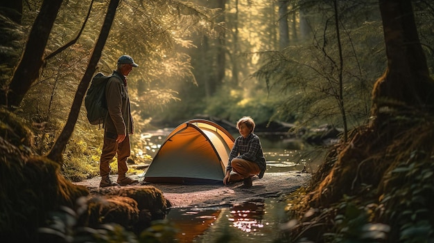 A couple sits by a river in front of a tent.