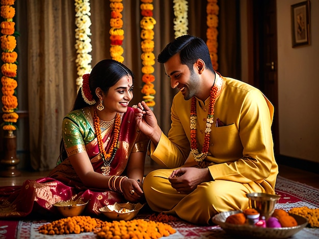 a couple sits on a floor with a bowl of fruit and flowers