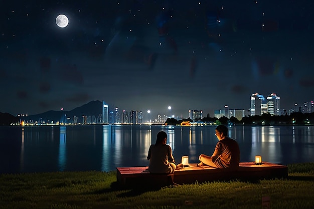 a couple sits on the grass under a full moon at night