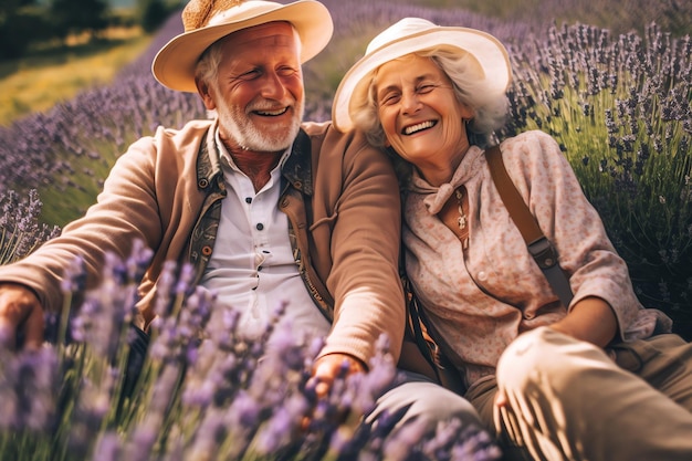 A couple sits in a lavender field