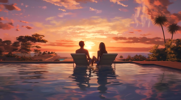 A couple sits in the pool at sunset.