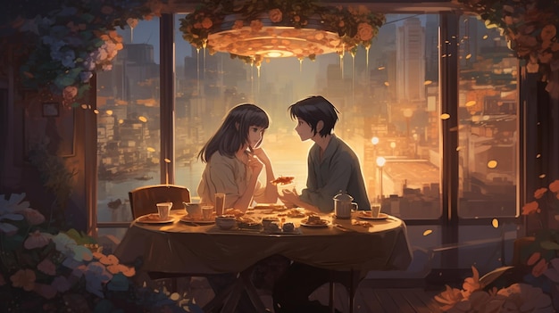 A couple sits at a table in a restaurant, looking at each other.