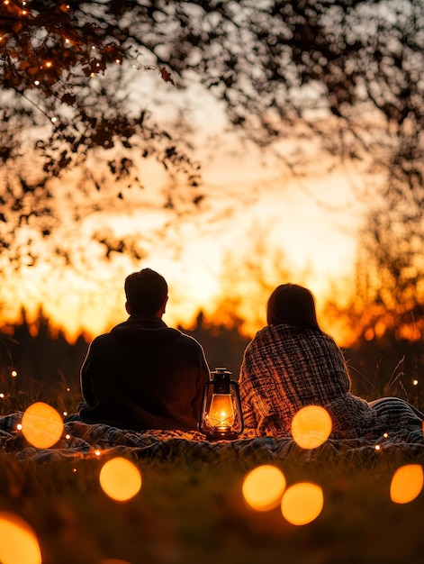 Photo a couple sits together on a blanket under a stunning sunset surrounded by warm lantern light