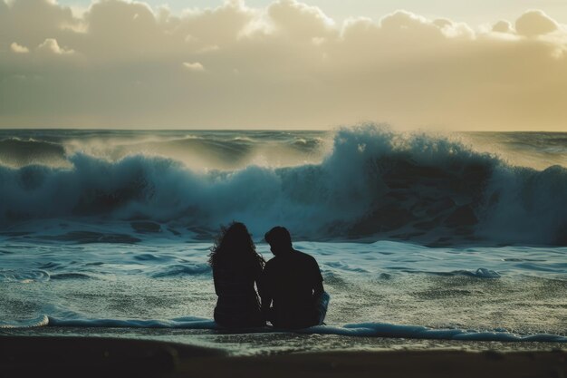 Photo a couple sitting on the beach next to the ocean silhouettes of dancers moving to the beat of a funky disco track