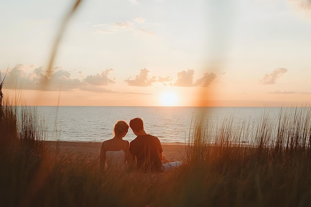 Photo couple sitting on beach watching sunset