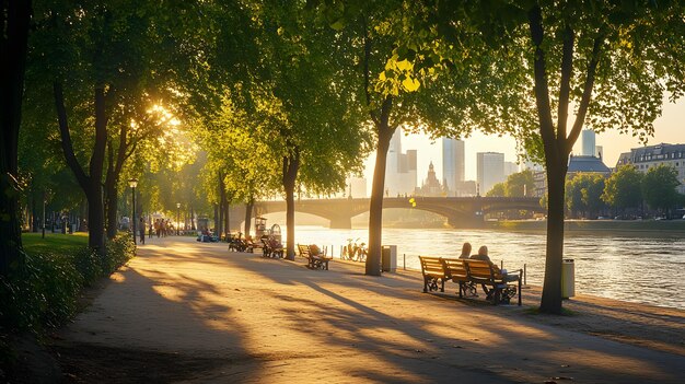 Couple Sitting on a Bench by a River in a City Park at Sunset