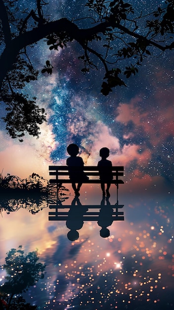 Photo a couple sitting on a bench in front of a starry sky