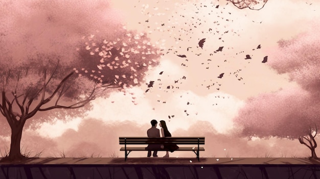 A couple sitting on a bench looking at the sky with leaves falling on them