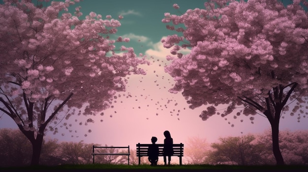 A couple sitting on a bench under a pink cherry blossom tree.