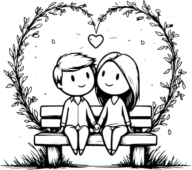 a couple sitting on a bench with a heart behind them