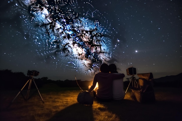 Couple sitting on a blanket enjoying a romantic picnic under a starry sky with a telescope nearby