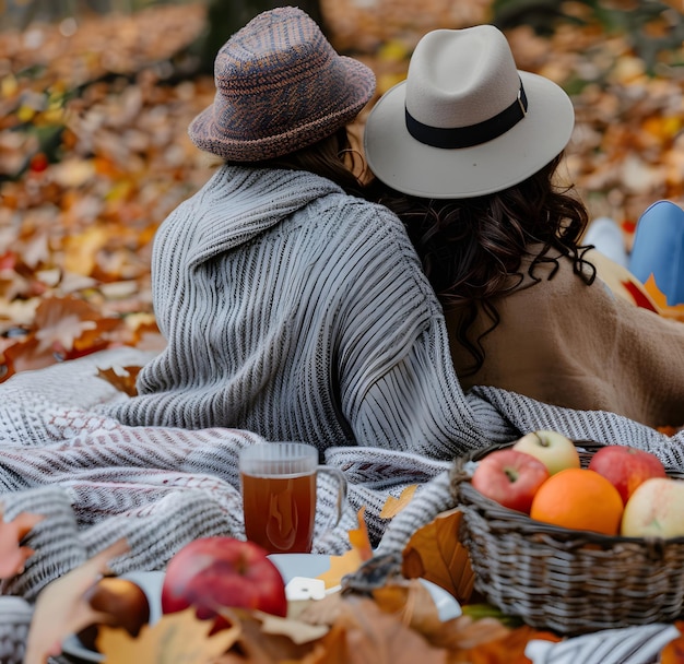 Photo couple sitting on blanket in park with fall leaves