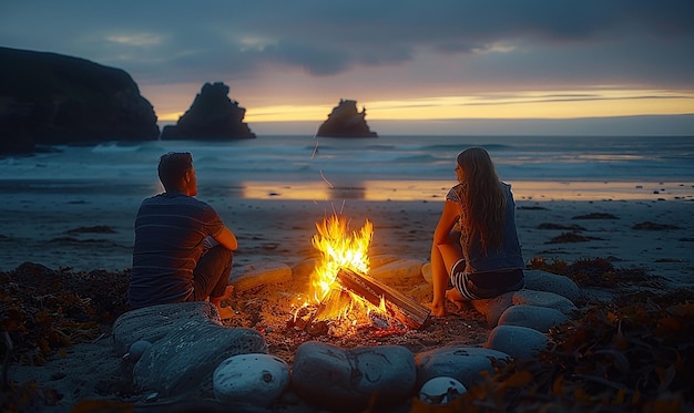 couple sitting by a campfire with the ocean in the background