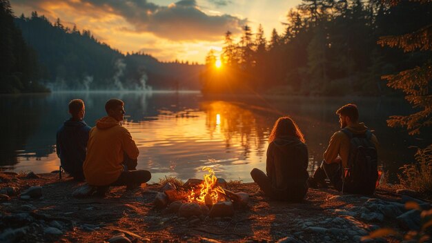 Photo a couple sitting by a campfire with the sun setting behind them