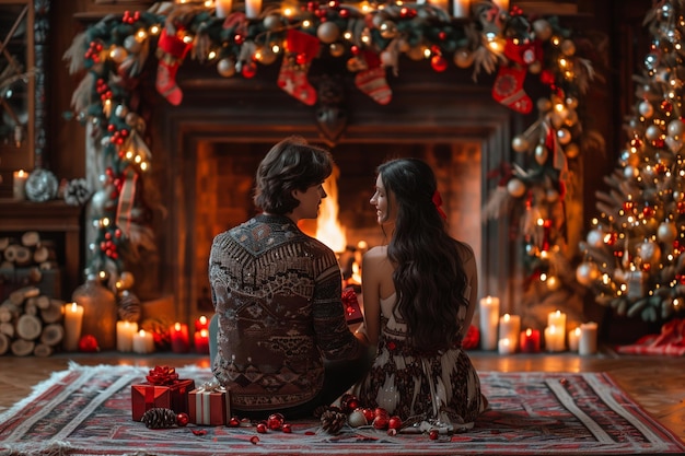 Couple sitting by fireplace with christmas decor