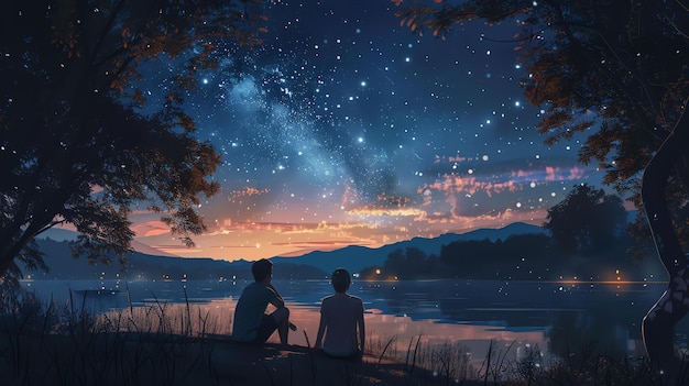 A couple sitting by a lake looking up at the night sky filled with stars