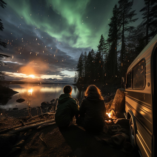 couple sitting on camping at sunset