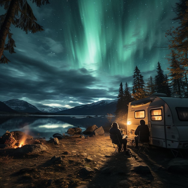 couple sitting on camping at sunset