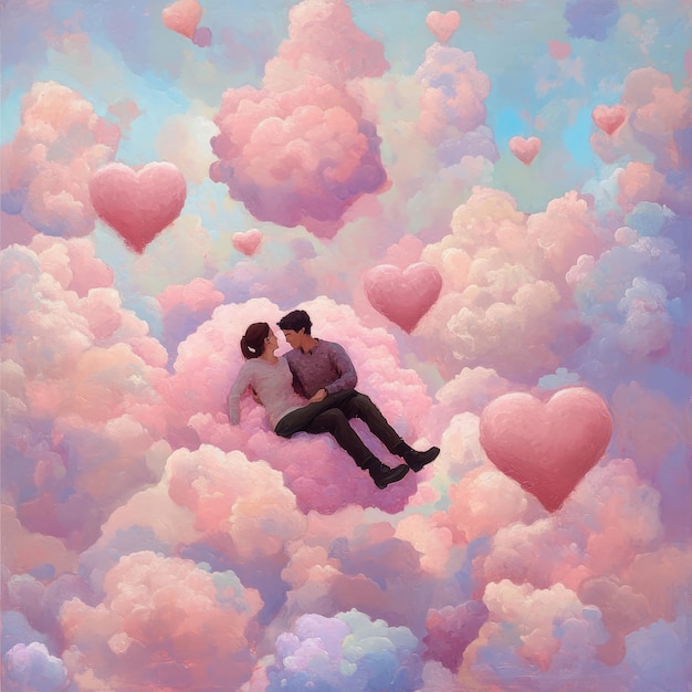 Couple Sitting On Clouds With Pink Hearts