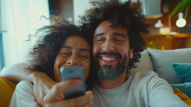 A couple sitting on a couch both looking at their cell phone