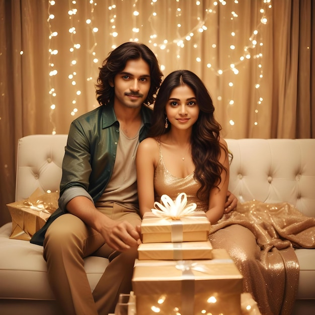 a couple sitting on a couch with a gift wrapped in gold ribbon